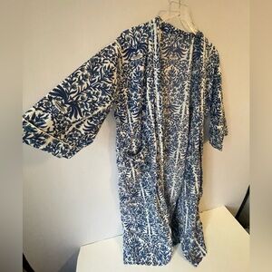 Block Print Floral Cotton Kimono Robe Blue 3/4 Sleeves